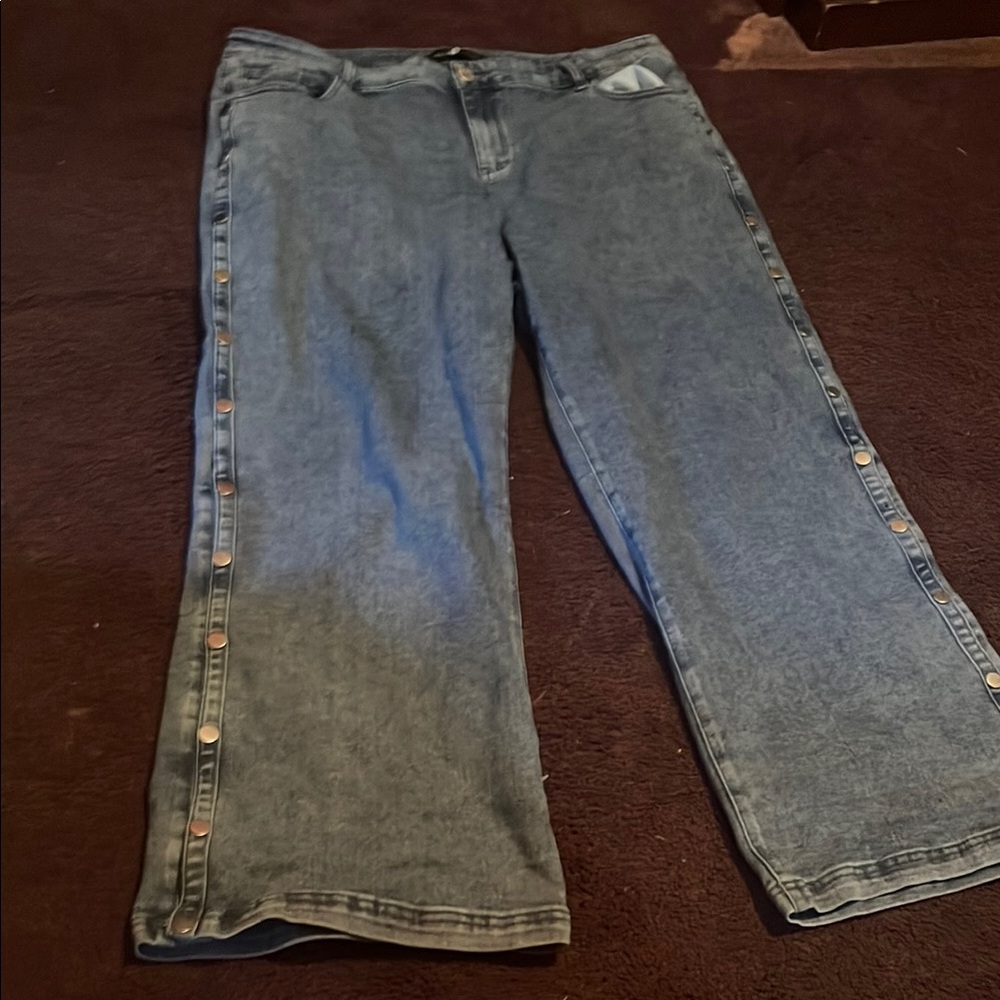 Ashley Stewart Blue Wide Leg Jeans with Button Accents